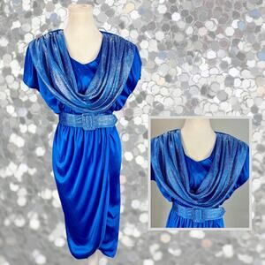 Vintage 1970s Joni Blair Silver Blue Disco Space Age Ruched Neck Dress Size 5